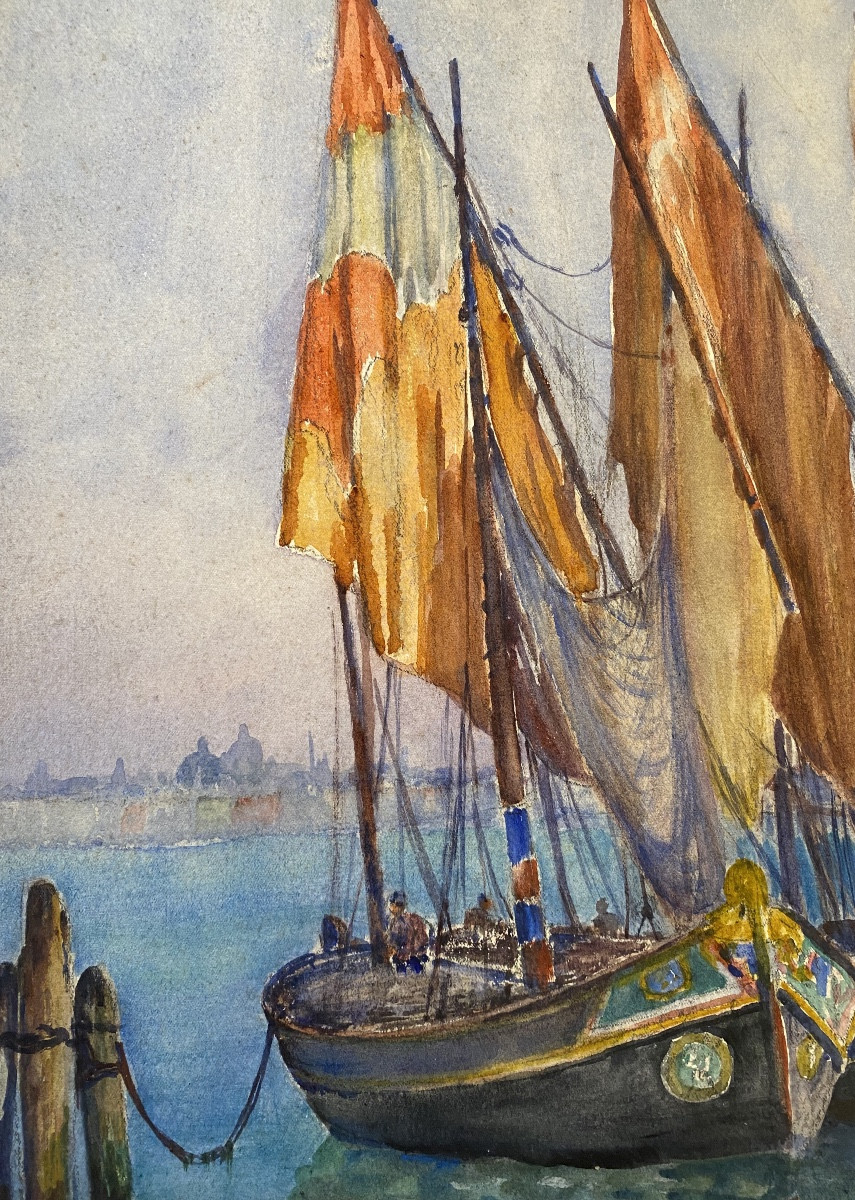 Venezia Venise port XXe aquarelle attribuée à Ch Aguerragaray - orientalisme port 