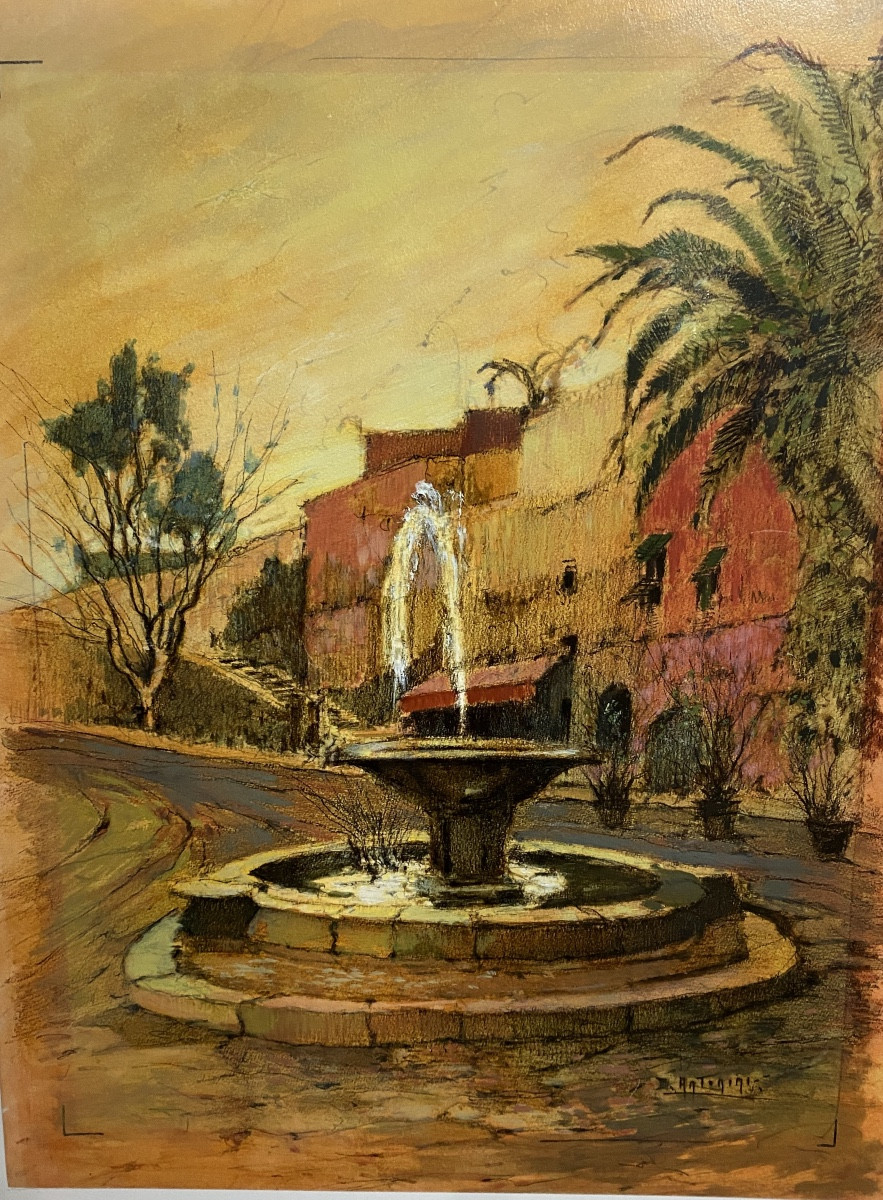 huile sur papier peintre de Ciboure en pays basque Dante Antonini fontaine Provence Italie 