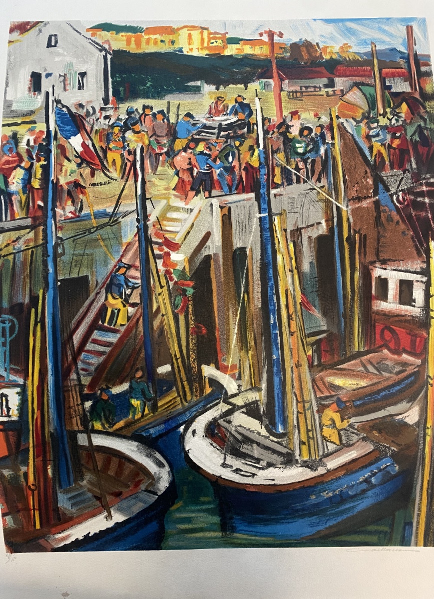 lithographie de Rodolphe Caillaux port de Saint Jean de luz retour de pêche pays basque-photo-2