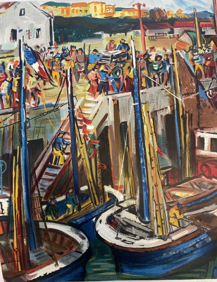 lithographie de Rodolphe Caillaux port de Saint Jean de luz retour de pêche pays basque