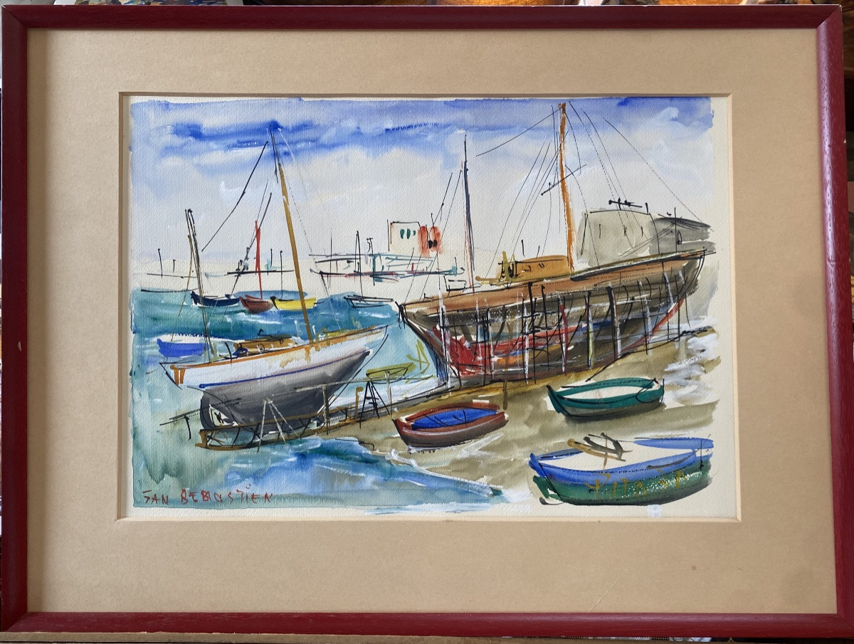 Basque Country Gouache By Pito (alain Ducat) Donostia San Sebastian Sebastian Boats On The Slipway-photo-2