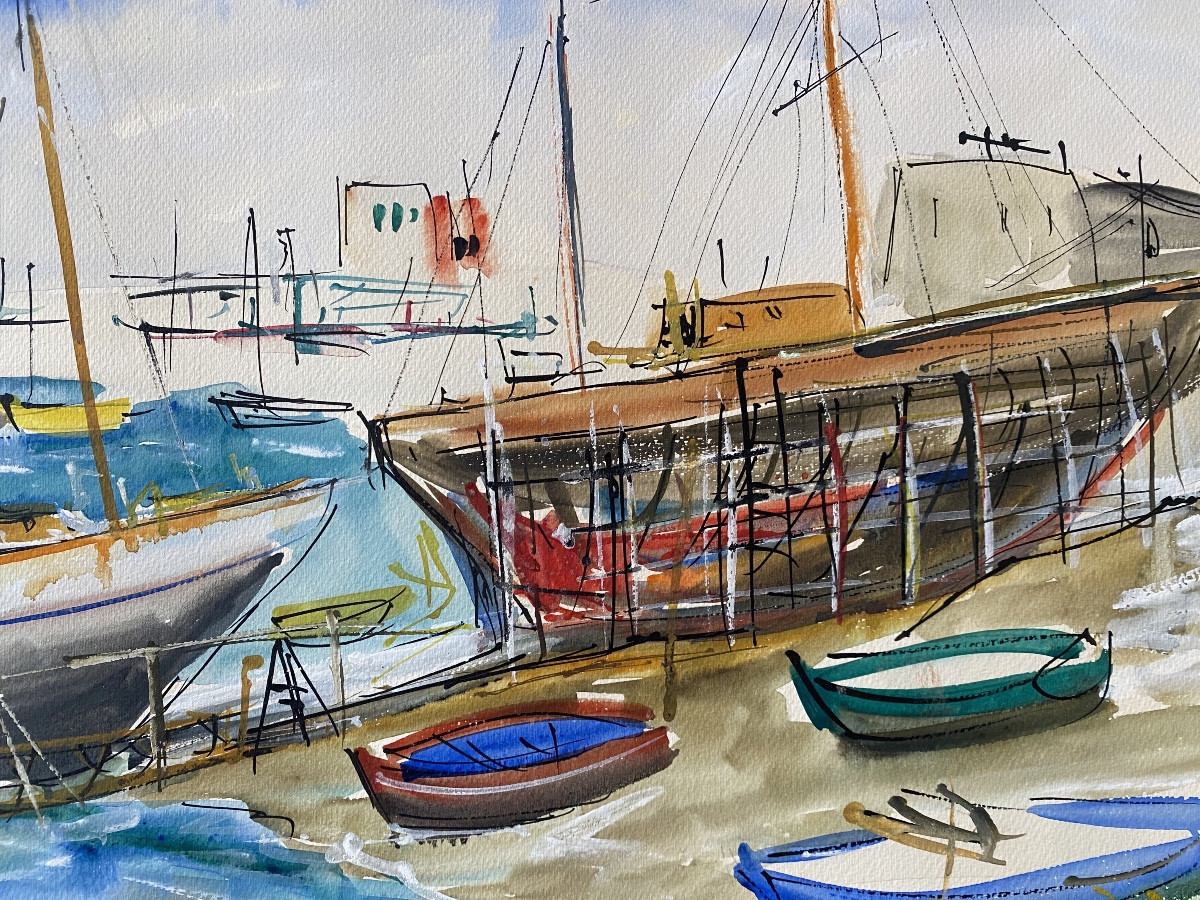 Basque Country Gouache By Pito (alain Ducat) Donostia San Sebastian Sebastian Boats On The Slipway-photo-1