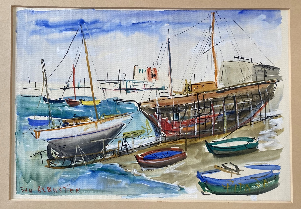 Basque Country Gouache By Pito (alain Ducat) Donostia San Sebastian Sebastian Boats On The Slipway
