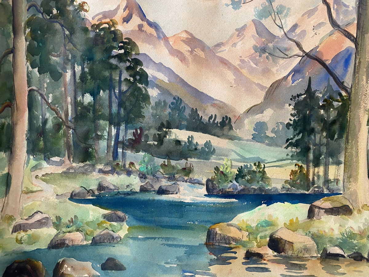 gouache Jean Hourregue 1919/1983  Mercadou peintre pyrénéen Bearn Pays Basque Hautes Pyrénées-photo-2