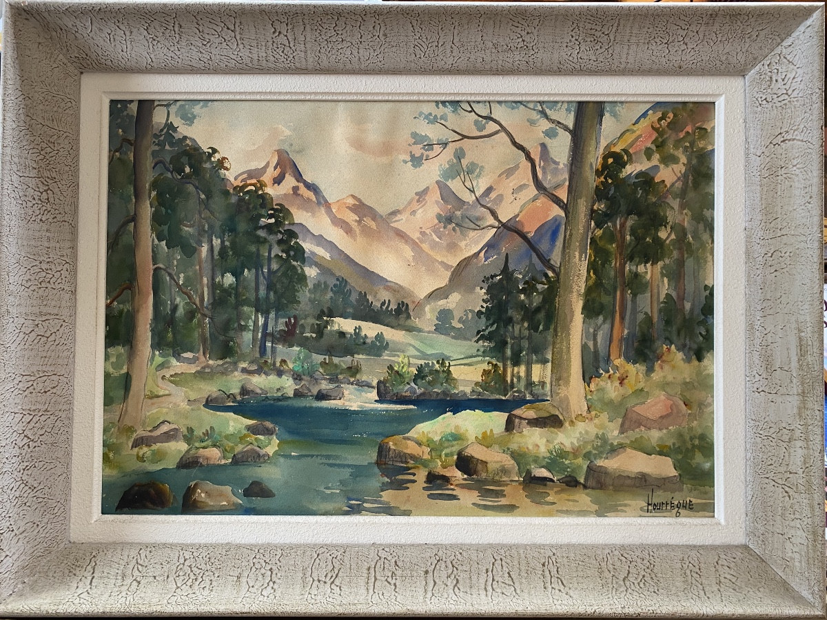 gouache Jean Hourregue 1919/1983  Mercadou peintre pyrénéen Bearn Pays Basque Hautes Pyrénées
