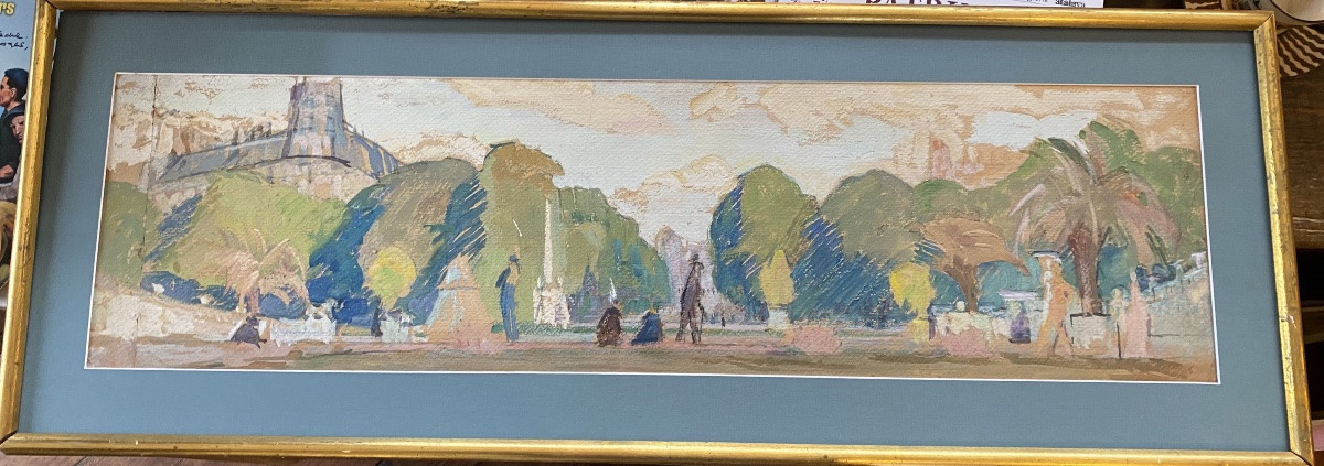 Gouache Early 20th Century Paris In The Style Of Géo Fourier/tillac Gardens Boulevards-photo-2