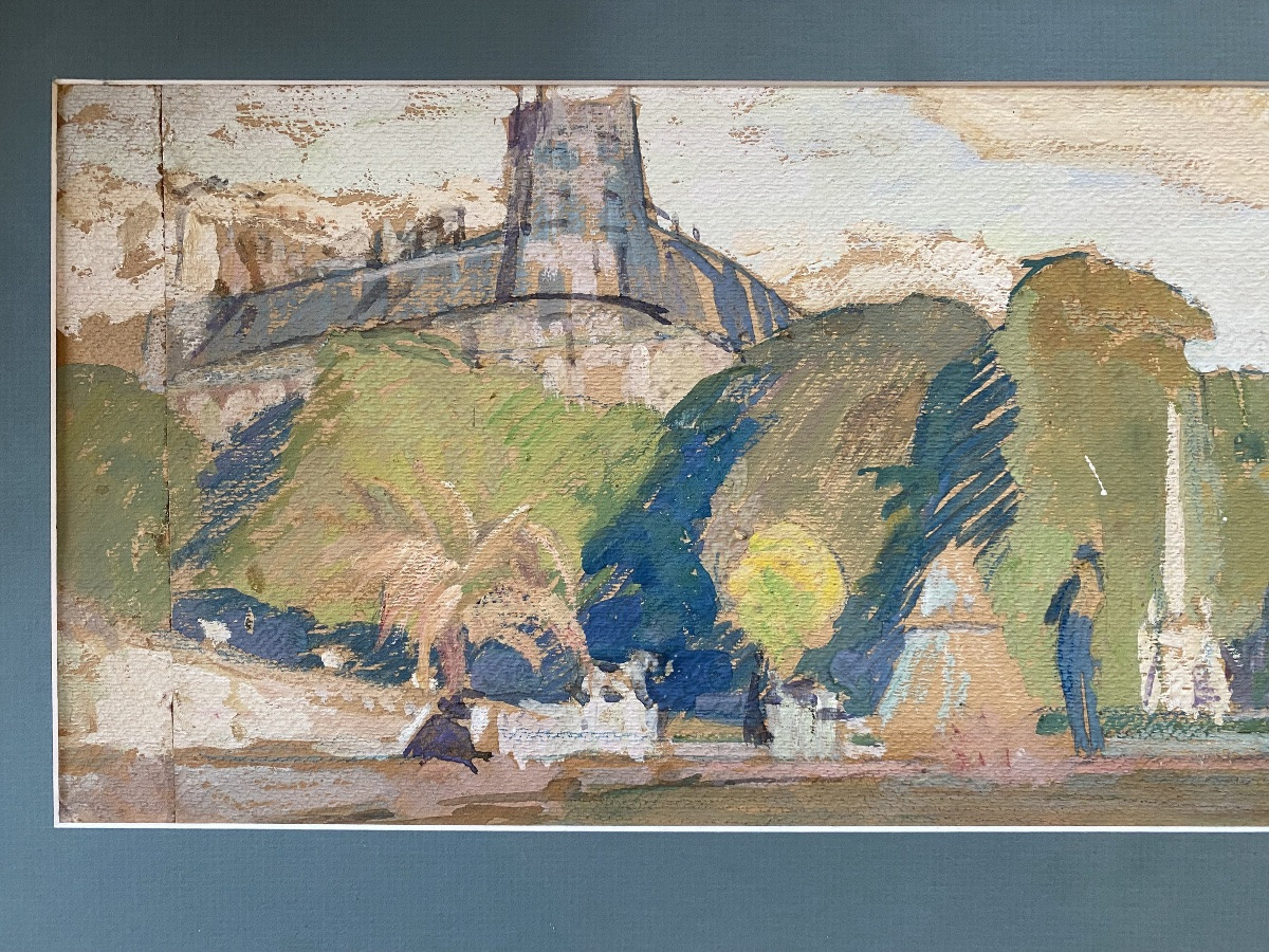 Gouache Early 20th Century Paris In The Style Of Géo Fourier/tillac Gardens Boulevards-photo-3