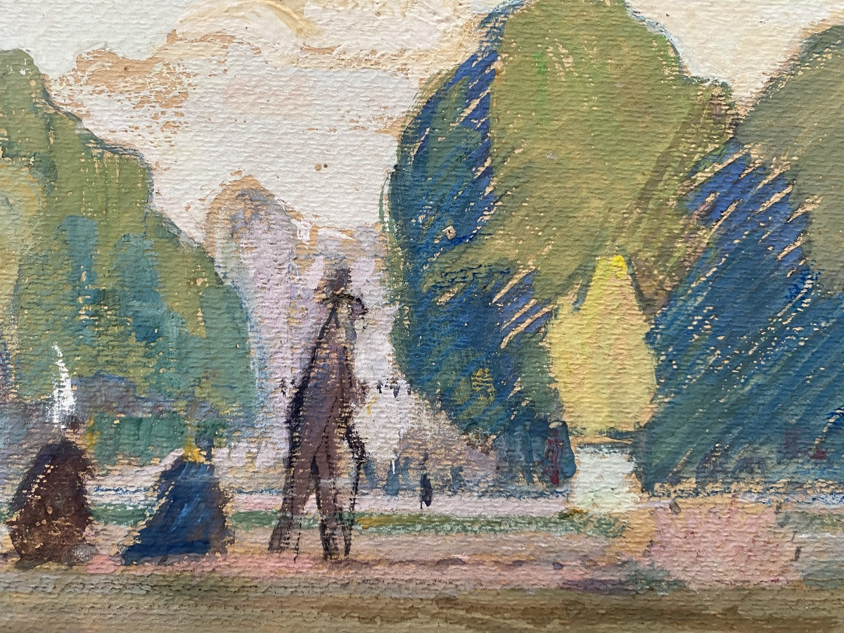 Gouache Early 20th Century Paris In The Style Of Géo Fourier/tillac Gardens Boulevards-photo-1