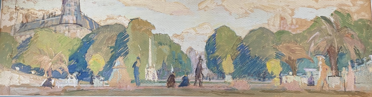 Gouache Early 20th Century Paris In The Style Of Géo Fourier/tillac Gardens Boulevards
