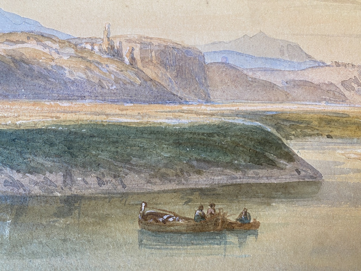 aquarelle orientaliste XIXe/orientalisme  rivière et personnages costumes-photo-2