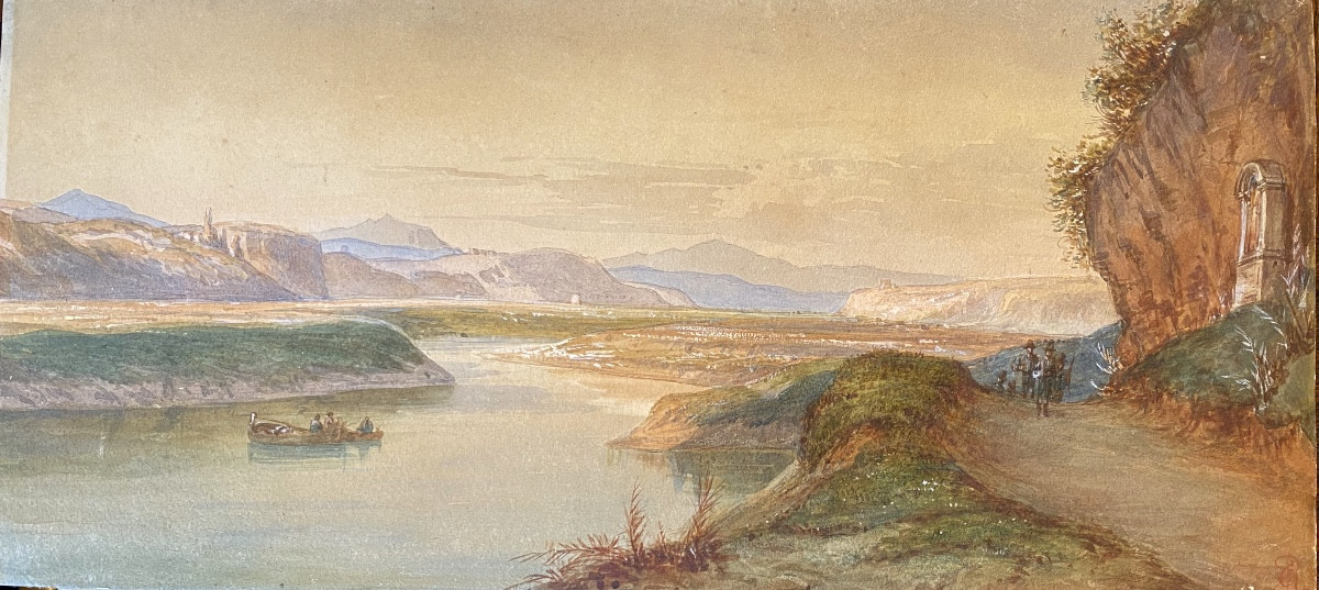 aquarelle orientaliste XIXe/orientalisme  rivière et personnages costumes