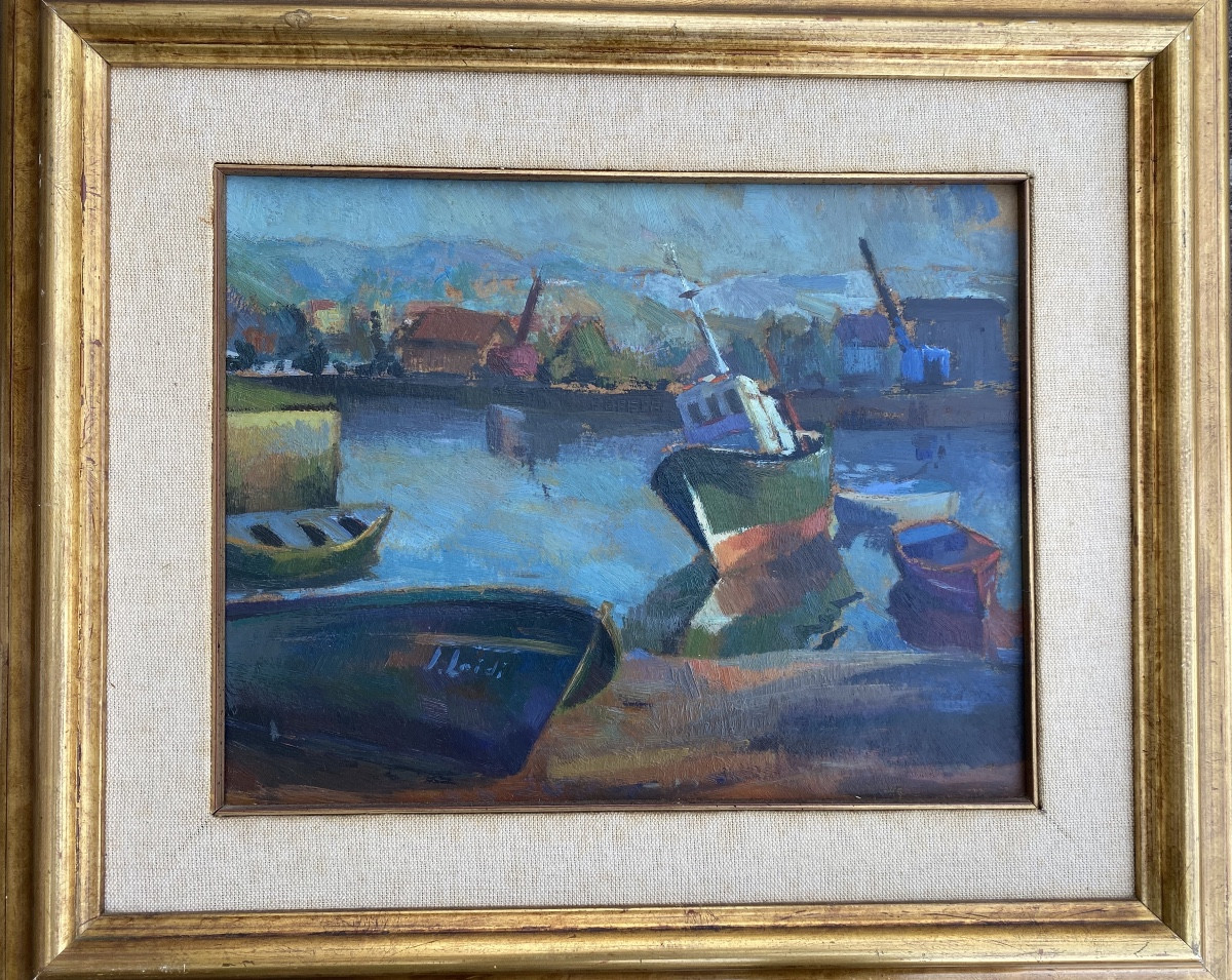 huile sur panneau port du pays basque sud hegoalde Loidi pêcheurs basques