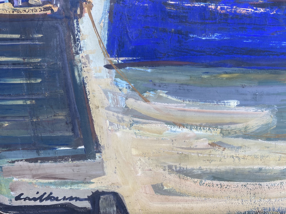 "Le Port au repos" de saint jean de luz au Pays Basque Rodolphe Caillaux gouache 1955-photo-3