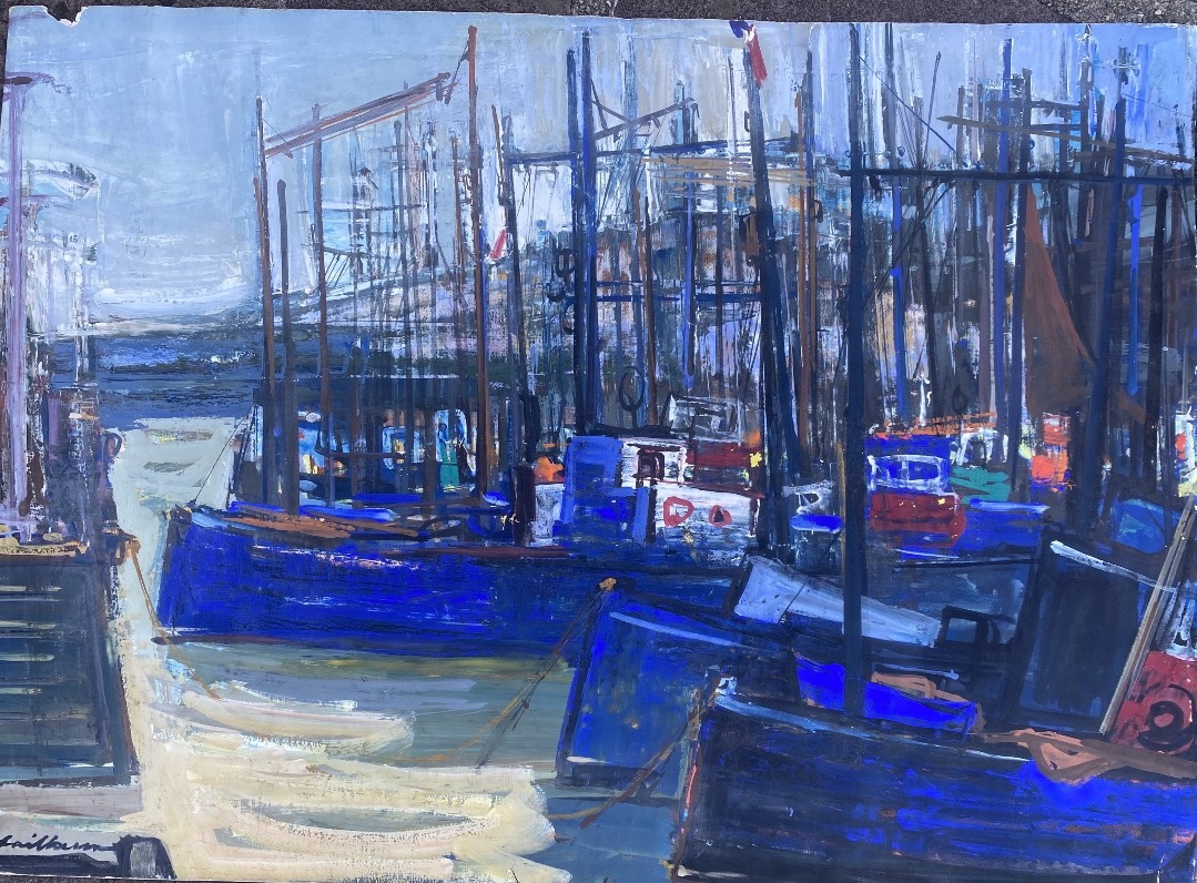 "Le Port au repos" de saint jean de luz au Pays Basque Rodolphe Caillaux gouache 1955