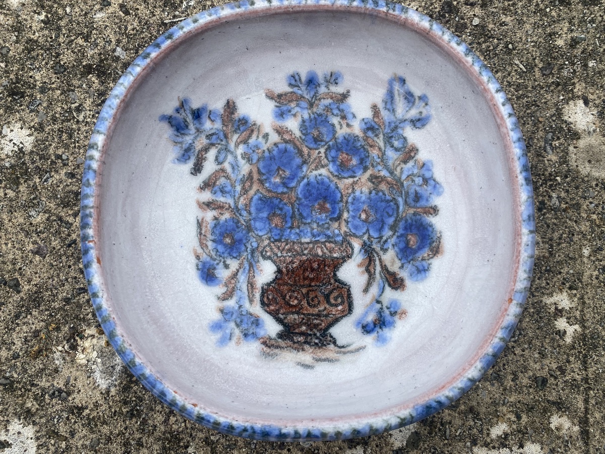 Coupe vide poche céramique d'art Cazaux Biarritz en Pays Basque  fleurs bleues-photo-2