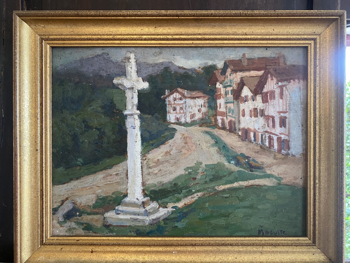 Ciboure: "the White Cross In The Basque Country," Oil On Panel, Late 19th Century