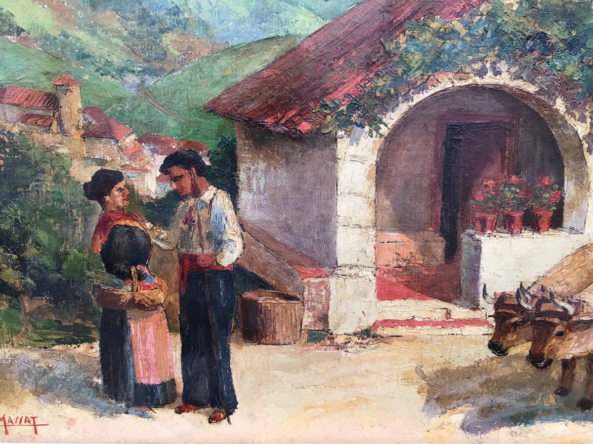 HST Pays basque Sare Zugaramurdi F. Massat 1930/40 attelage boeufs Etxea ferme basque couple-photo-2