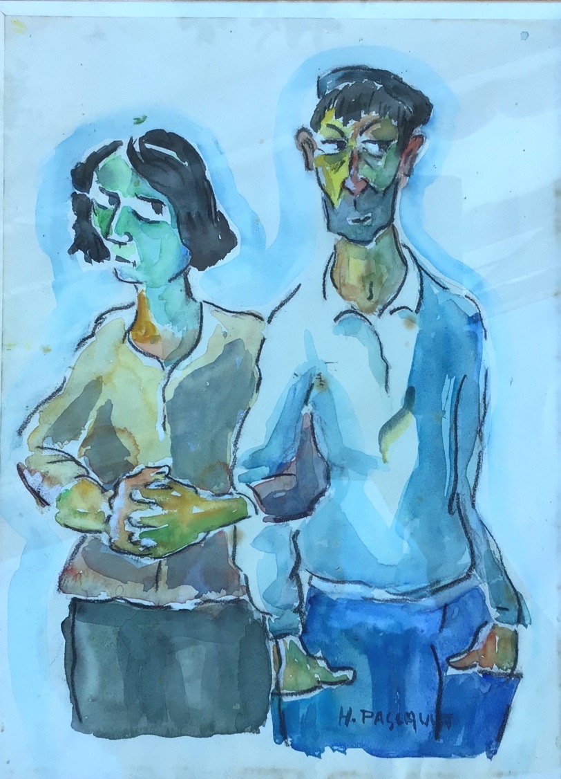 gouache Henri Pascault (1900/1991) ecole de Ciboure pêcheurs basques couple pays basque