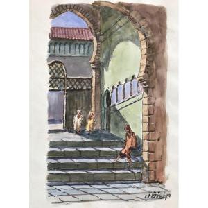 Maroc Orientalisme Moulay Idriss Gouache Du Peintre Basque William Biehn