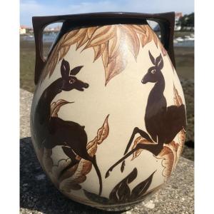 Ciboure Pottery Rf Le Corrone Enameled Vase Unique Piece Doe And Hunting Scene