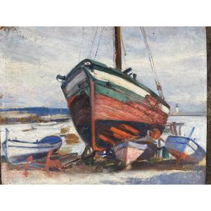 Huile Sur Panneau Pierre Almes (1880/1944) Peintre De Ciboure Pays Basque Port 