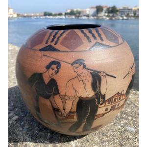 Pays Basque 1920 Vase boule Poterie de Ciboure VE rhune Ziburu 
