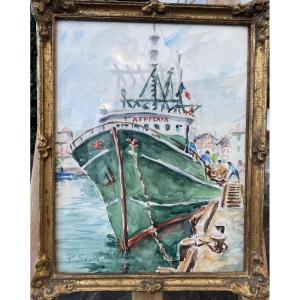 Watercolor By Paule Soulé, Port Of Saint-jean-de-luz, Basque Country, Ciboure, Fisherman, Dakar, African 