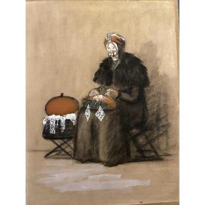 dessin mine de plomb et gouache Georges Tournon 1895/1961couturière petits métiers 