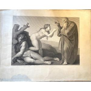 gravure XIXe Coiny La création d'Eve 1823 Michel Ange dessiné à Rome art italien 
