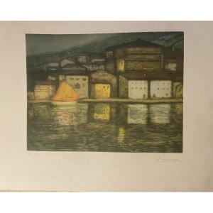 Gravure Pierre Labrouche peintre de Ciboure Pays Basque "village espagnol" hego euskal herria 
