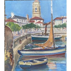 gouache port et place Louis XIV Saint Jean de Luz en Pays Basque Charles Aguerregaray