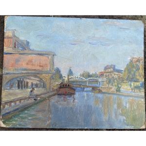 Oil On Canvas, 20th Century, Canal St Martin Ourcq, Paris, With Fisherman 