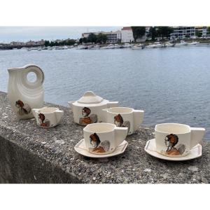 Art Deco Coffee Set, Artistic Ceramics By Cazalas, From The Pyrenees, Bigorre, The Basque Country, And Brittany