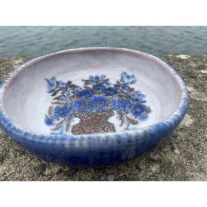 Coupe vide poche céramique d'art Cazaux Biarritz en Pays Basque fleurs bleues