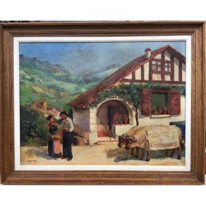 HST Pays basque Sare Zugaramurdi F. Massat 1930/40 attelage boeufs Etxea ferme basque couple