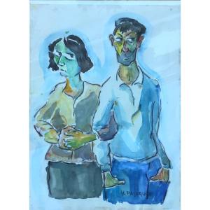 gouache Henri Pascault (1900/1991) ecole de Ciboure pêcheurs basques couple pays basque