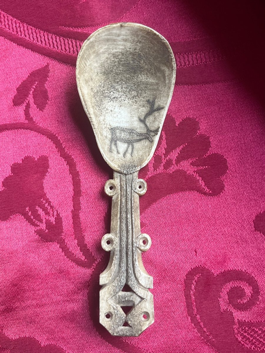Lapland. Spoon Engraved In Reindeer Antlers.