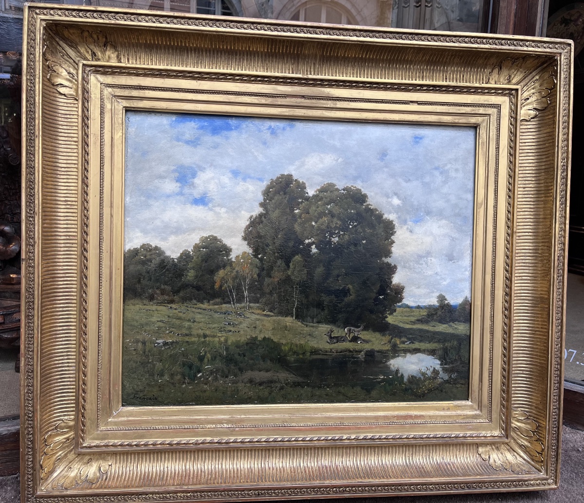 François Louis Français . Les biches , huile sur panneau -photo-4
