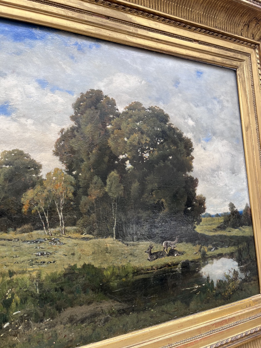 François Louis Français . Les biches , huile sur panneau -photo-2