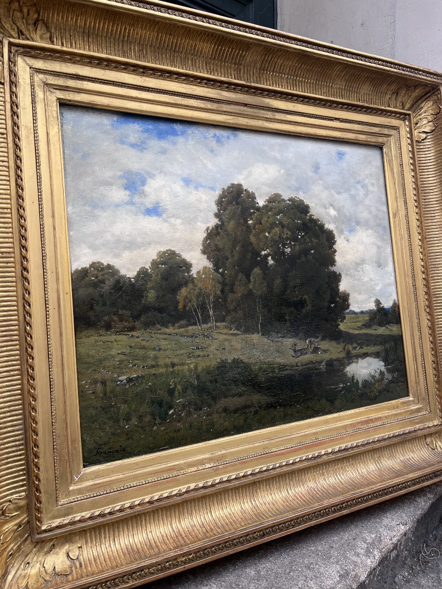 François Louis Français . Les biches , huile sur panneau -photo-5