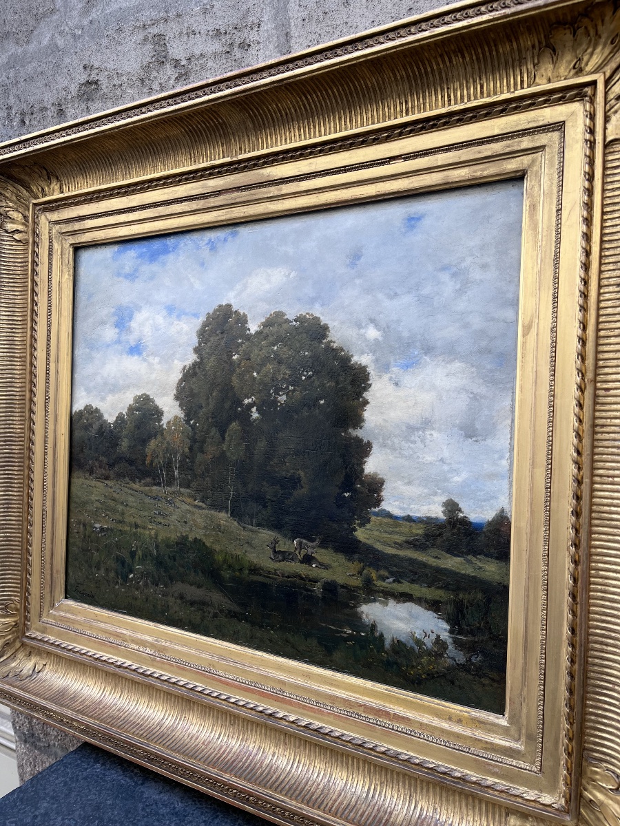François Louis Français . Les biches , huile sur panneau -photo-8