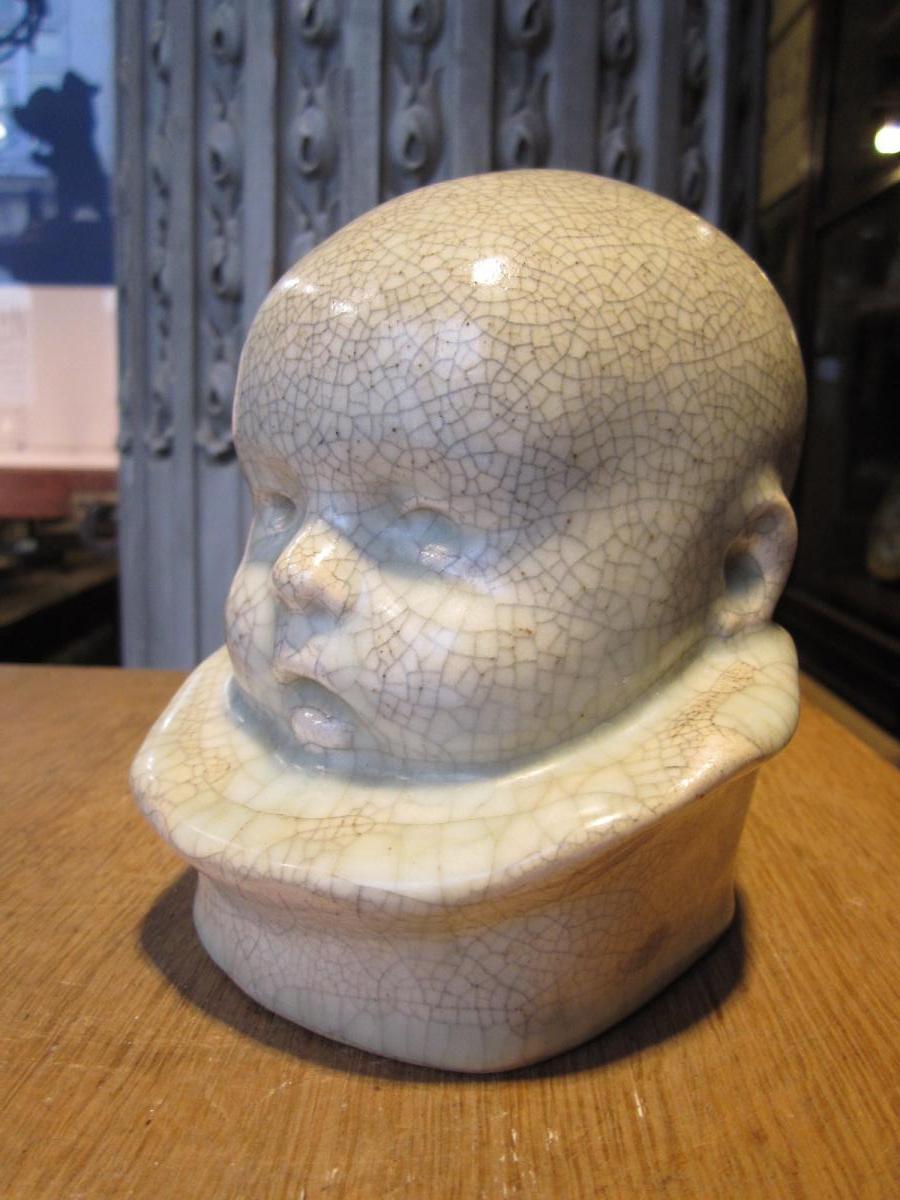 Enameled White Ceramic Baby Head, Signed Under Base Berthe -savigny (1882-1958)-photo-3