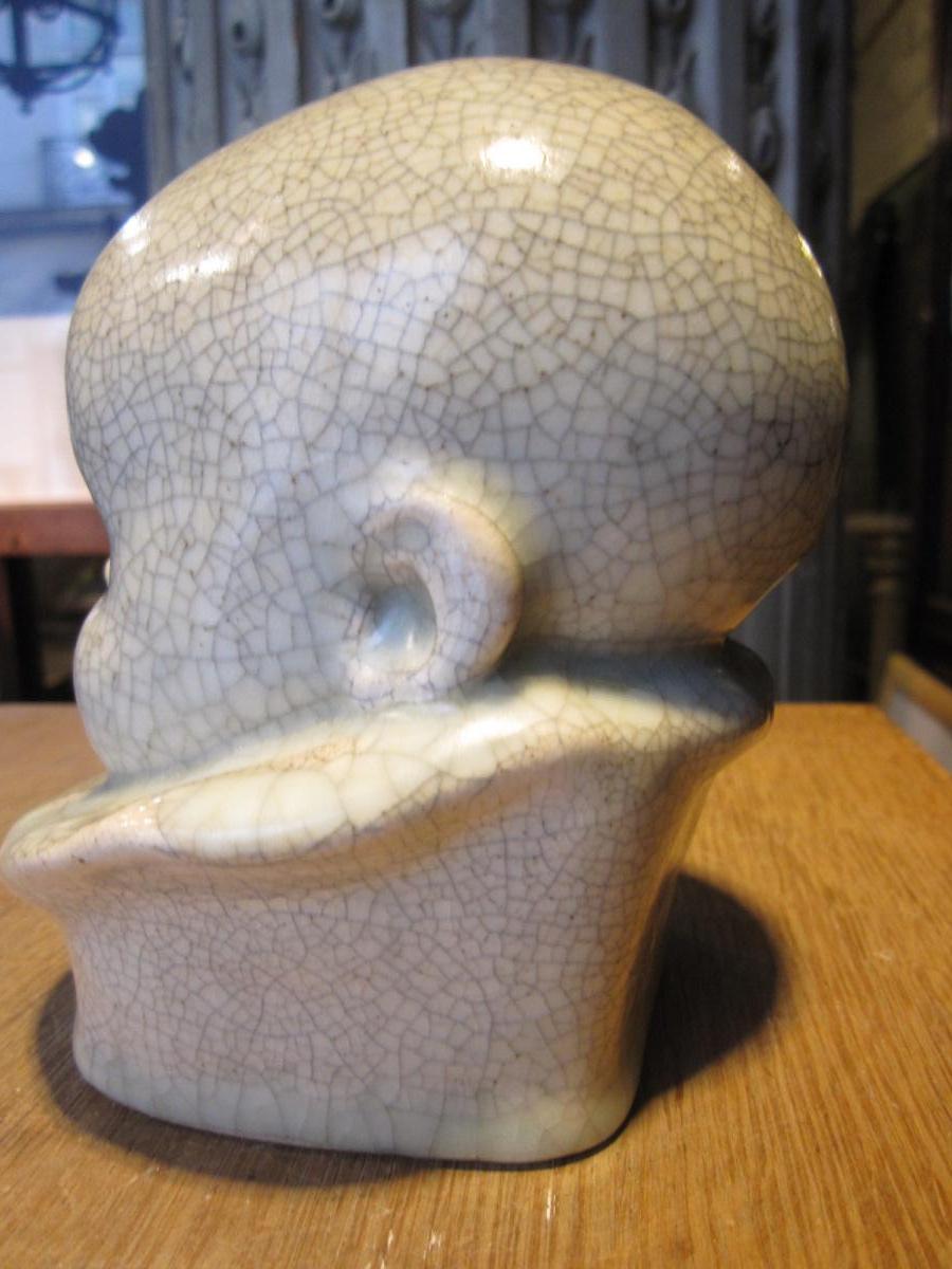 Enameled White Ceramic Baby Head, Signed Under Base Berthe -savigny (1882-1958)-photo-4