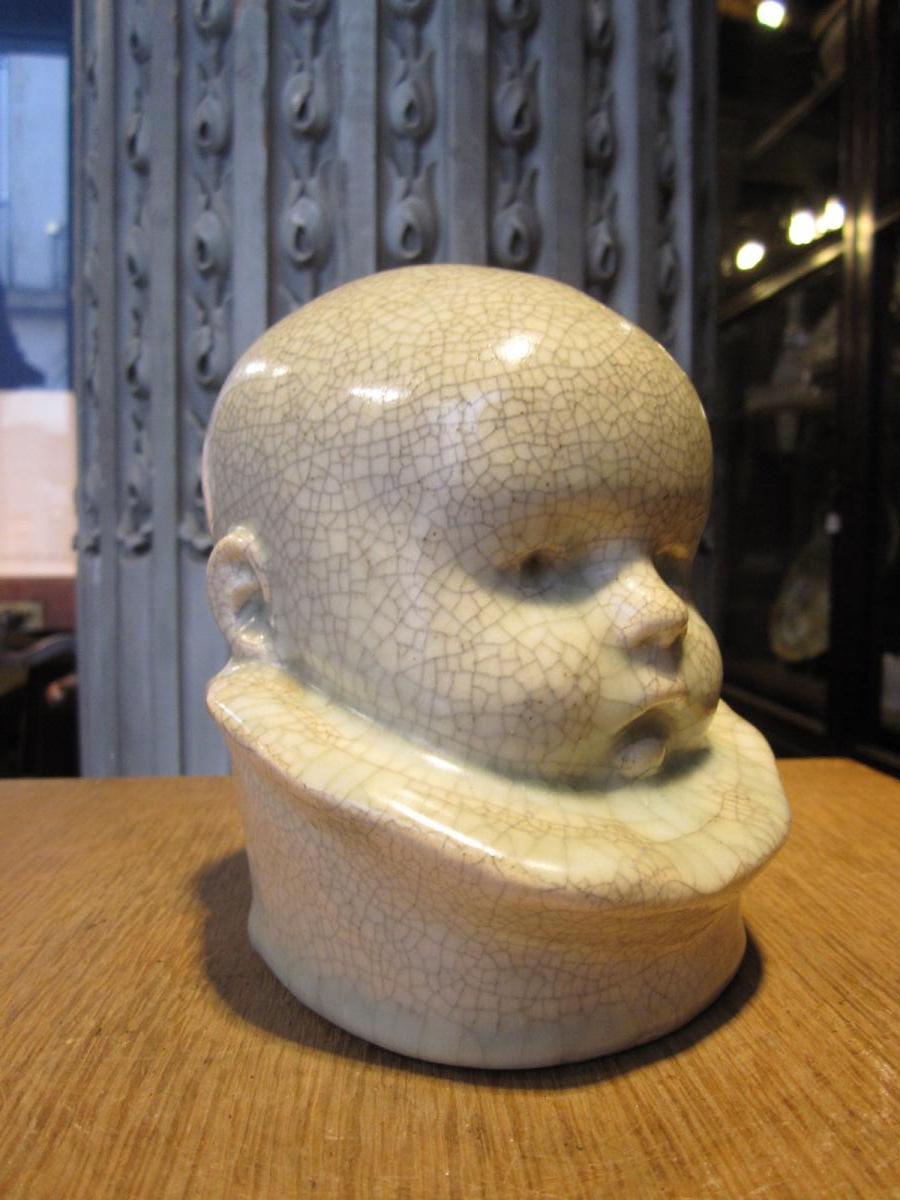 Enameled White Ceramic Baby Head, Signed Under Base Berthe -savigny (1882-1958)-photo-5