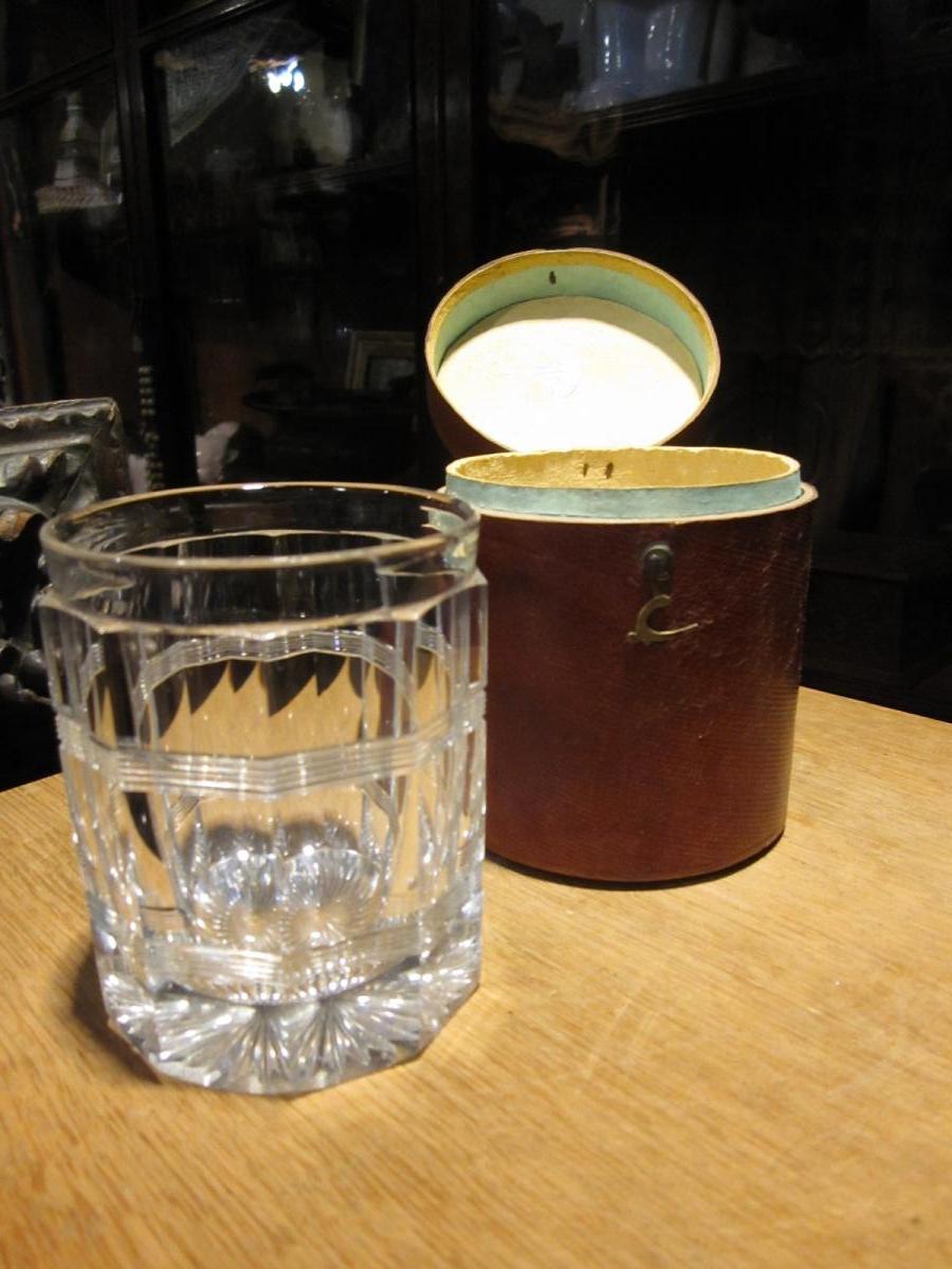 Cut Crystal Tumbler In Leather Case Covered With Leather.