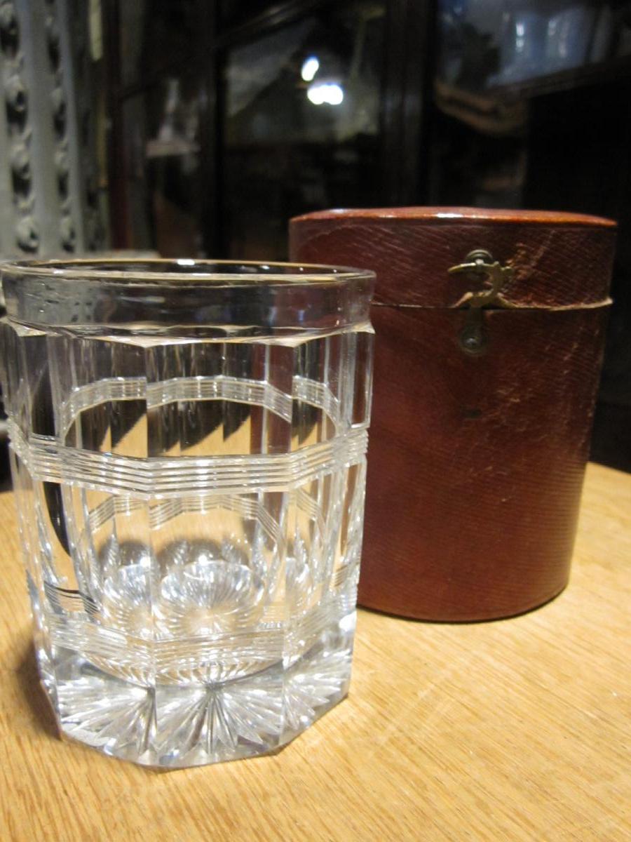 Cut Crystal Tumbler In Leather Case Covered With Leather.-photo-2