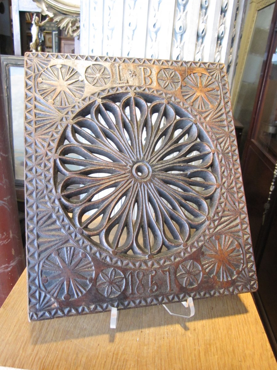 Folk Art Work From A Carved Walnut Chestnut Top Dated 1857.