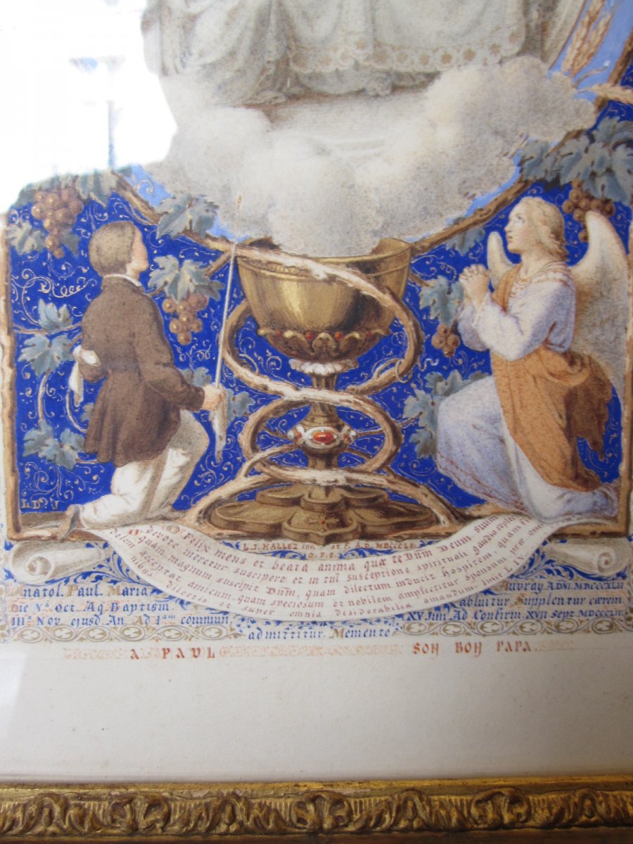 Illuminated Signed Louis Joseph Hallez Dated 1856 With Its Glass And Its Original Setting.-photo-3