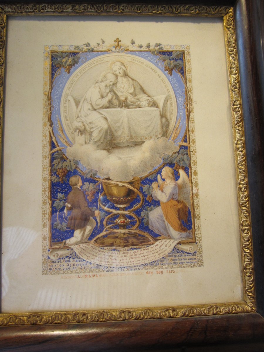 Illuminated Signed Louis Joseph Hallez Dated 1856 With Its Glass And Its Original Setting.-photo-3