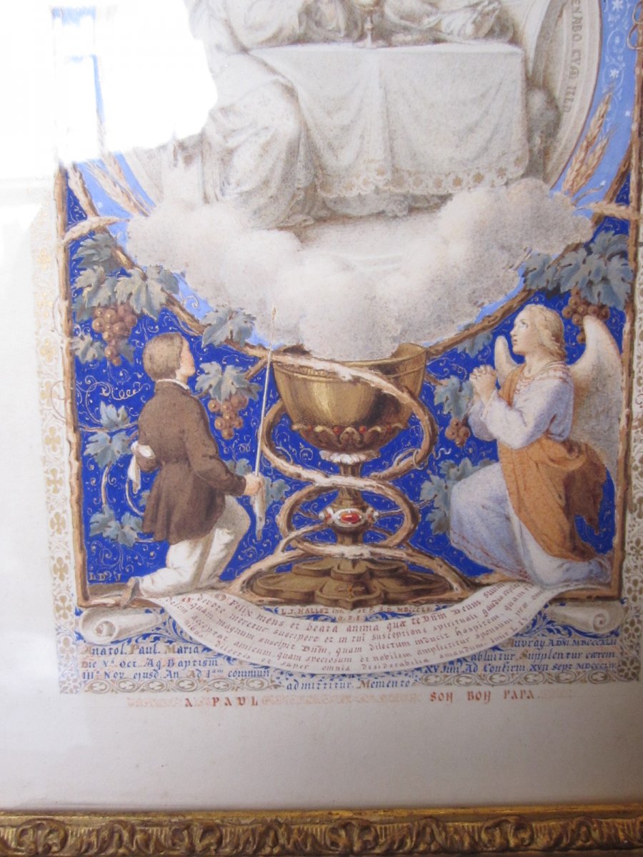 Illuminated Signed Louis Joseph Hallez Dated 1856 With Its Glass And Its Original Setting.-photo-5